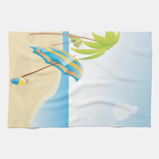 Strand-Szene mit Regenschirm, Palmen u. Wasserball Handtuch (Horizontal)