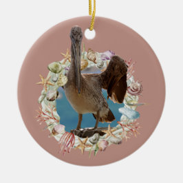 Strand Themed, Pelican und Seashell Wreath Keramik Ornament