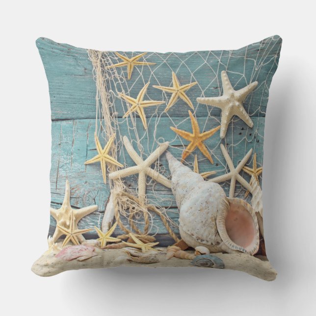 Strand-Themed Tritonshorn-Muschel, Starfish u. Kissen Für Draußen (Vorderseite)