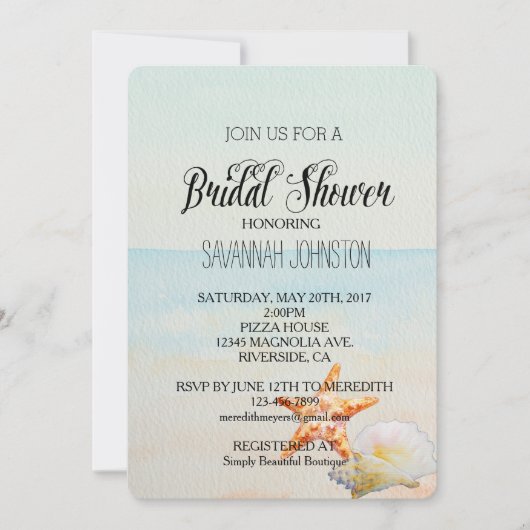 Strand Tropical mit Starfish Brautparty Einladung (Vorderseite)