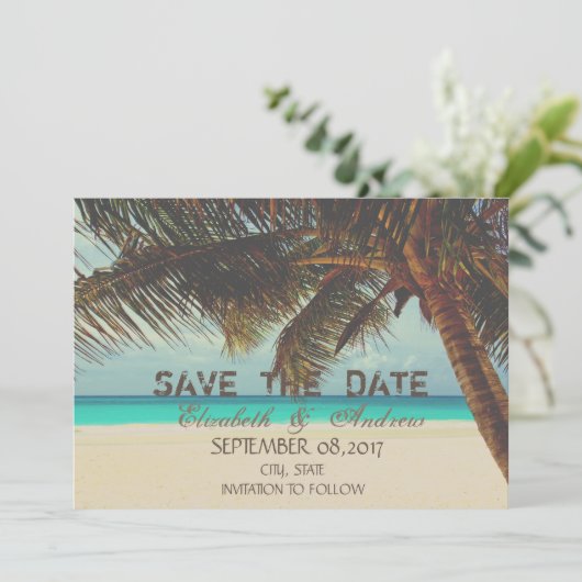 Strand, Tropical, Palm Wedding Das Datum speichern Save The Date (Stehend Vorderseite)