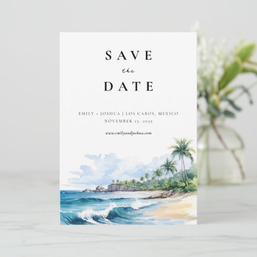 Strand tropische Wasserfarbe Save The Date (Stehend Vorderseite)