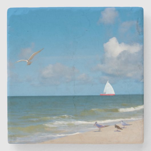 Strand und Meerblick mit Segelboot Steinuntersetzer (Vorderseite)