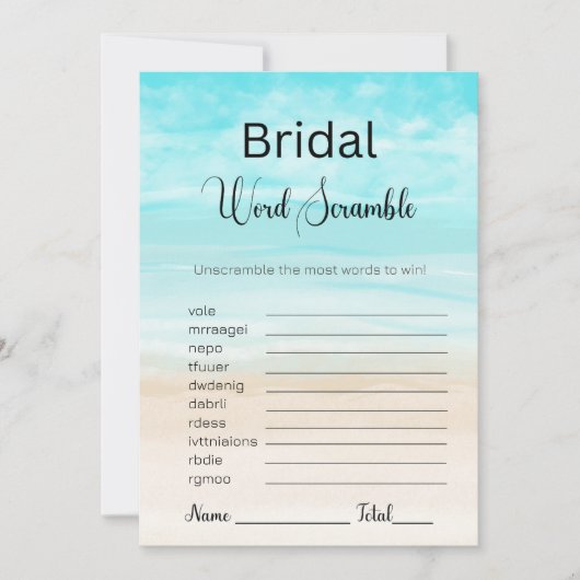 Strand und Ocean Bridal Blue Word Scramble Game Einladung (Vorderseite)