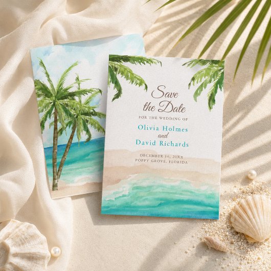 Strand und Palmen mit Aquarellfarben Save the Date