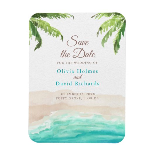 Strand und Palmen mit Aquarellfarben Save the Date Magnet (Vertikal)