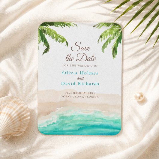 Strand und Palmen mit Aquarellfarben Save the Date Magnet