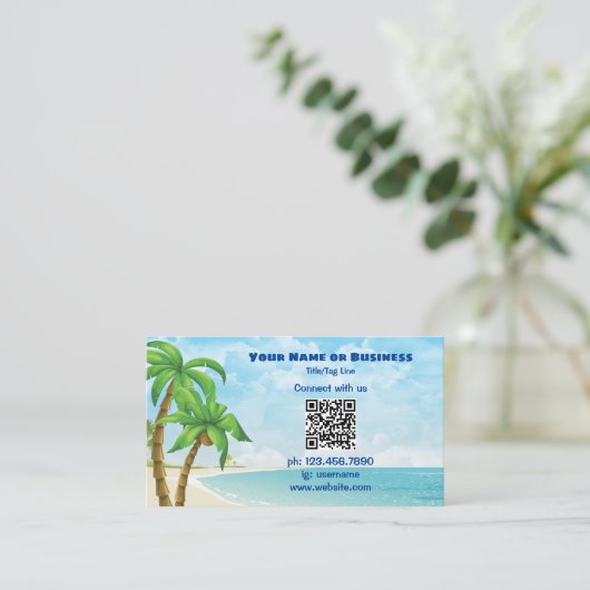 Strand und Palmen | QR Code Tropical Visitenkarte (Stehend Vorderseite)