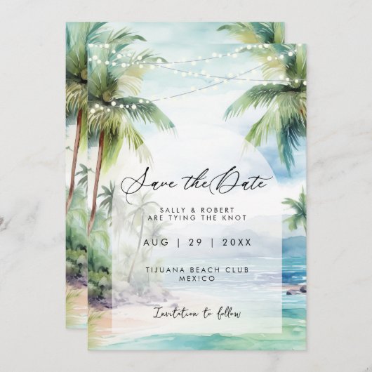 Strand und Palmen Save the Date Karte (Vorne/Hinten)