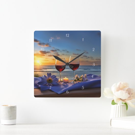 Strand und Wine Sunset Quadratische Wanduhr (Zuhause)