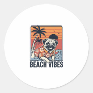 Strand-Vibes-Pug-vintage Gravur Design_1 Runder Aufkleber