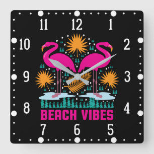 Strand-Vibes Rosa Flamingo-Design Quadratische Wanduhr