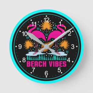 Strand-Vibes Rosa Flamingo-Design Runde Wanduhr