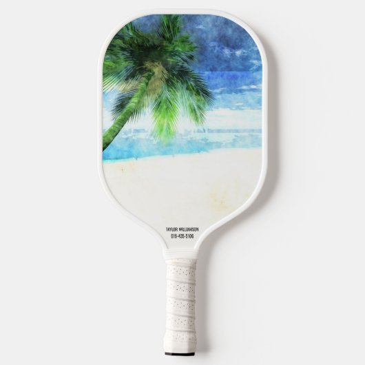 Strand Vibes Wasserfarbpalme Tree Sand Custom Text Pickleball Schläger (Rückseite)