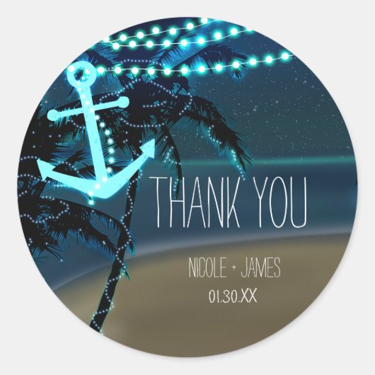 Strandanker und Palmen Gastgeschenk Hochzeit Stick Runder Aufkleber (Vorderseite)