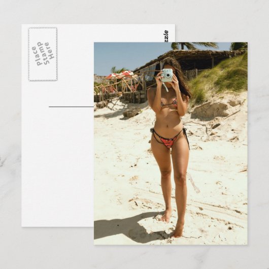 Strandbabe mit Kamera Postkarte (Vorne/Hinten)