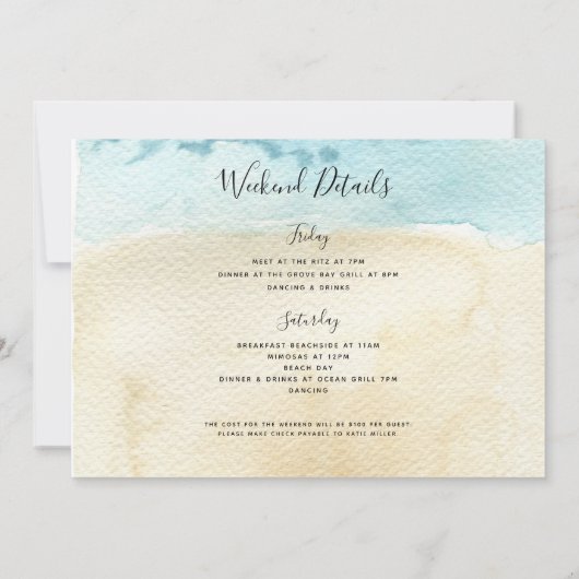 Strandbachelorette Itinerary Einladung (Rückseite)
