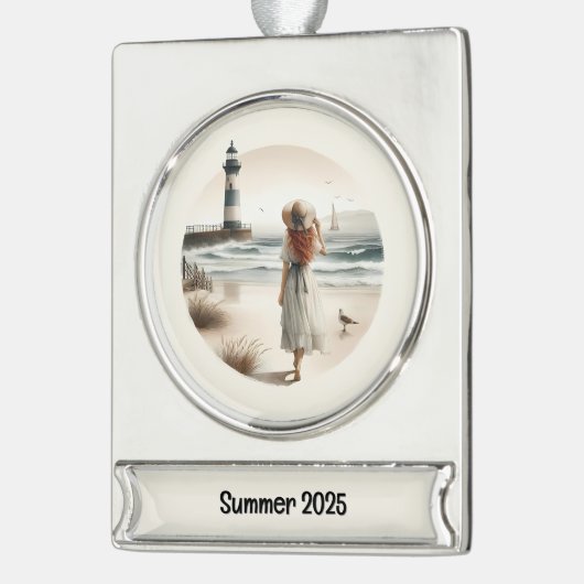 Strandbad Leuchtturm Spaziergang Banner-Ornament Silber (Links)