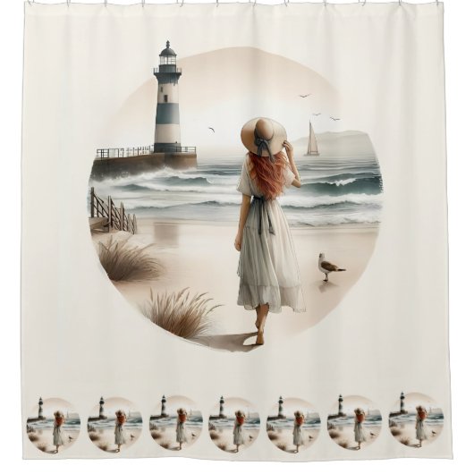 Strandbad Leuchtturm Spaziergang Duschvorhang (Vorderseite)