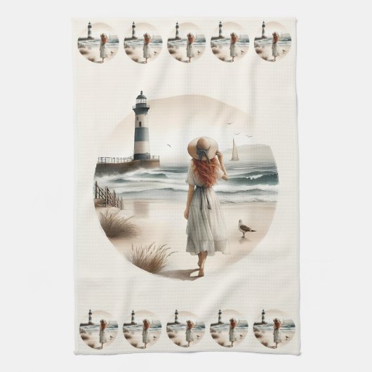 Strandbad Leuchtturm Spaziergang Geschirrtuch (Vertikal)