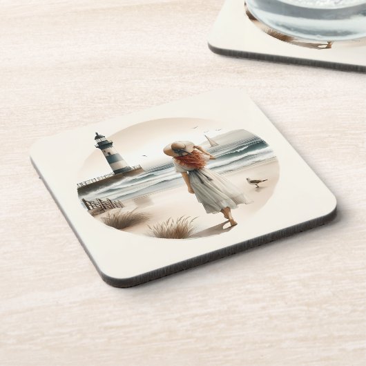 Strandbad Leuchtturm Spaziergang Getränkeuntersetzer (Linke Seite)