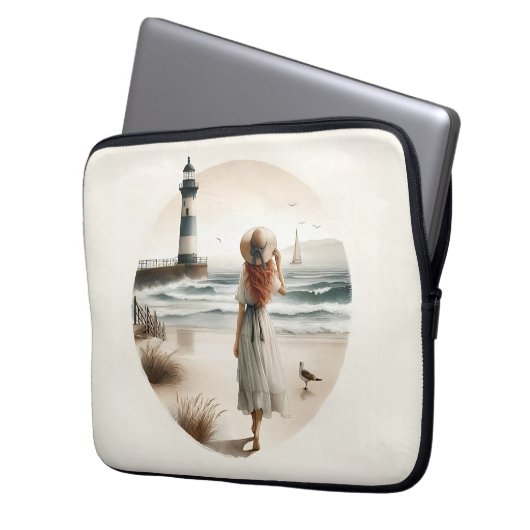 Strandbad Leuchtturm Spaziergang Laptopschutzhülle (Vorderseite Links)