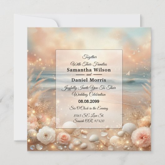 Strandbad Sparkle und Sonnenuntergang Hochzeit Einladung (Vorderseite)