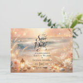 Strandbad Sparkle und Sonnenuntergang Hochzeit Save The Date (Stehend Vorderseite)