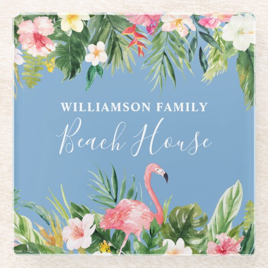 Strandbad Tropical Floral Family Beach House Blau Glasuntersetzer (Vorderseite)