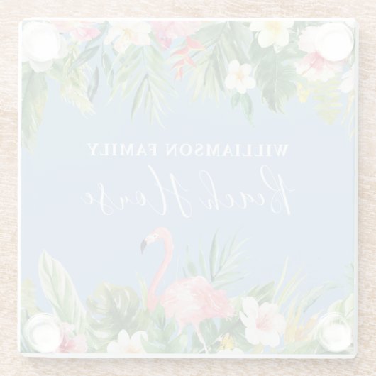 Strandbad Tropical Floral Family Beach House Blau Glasuntersetzer (Rückseite)