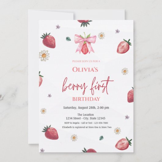 Strandbeeren Bow Pink 1. Geburtstag Einladung (Vorderseite)