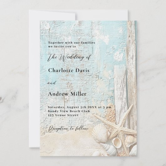 Strandblauer Sand Seesterne treiftwood Luxushochze Einladung (Vorderseite)