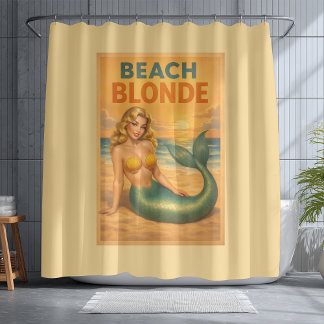 Strandblonde Pin-Up Meerjungfrau | Gelbe Retro-Küs Duschvorhang