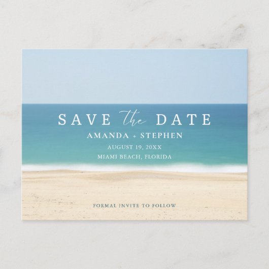 Strandbudget Save the Date Hochzeit in Urlaubsort Ankündigungspostkarte (Vorderseite)