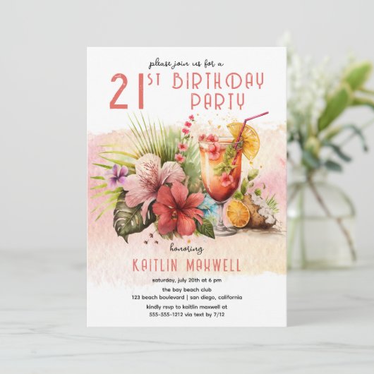 Strandcocktails 21. Geburtstag Party Einladung (Stehend Vorderseite)