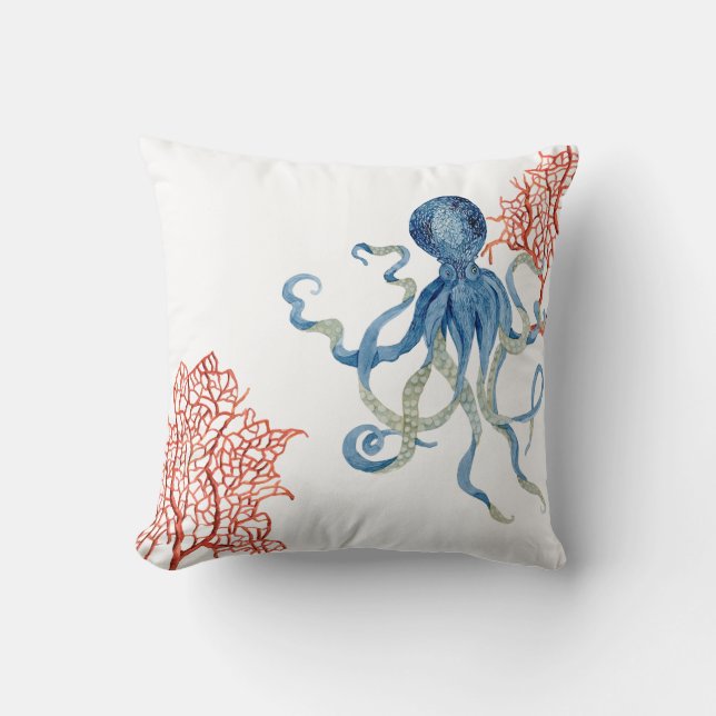 Stranddekor Roter Fan Coral Blue Octopus Wasserfar Kissen (Vorderseite)