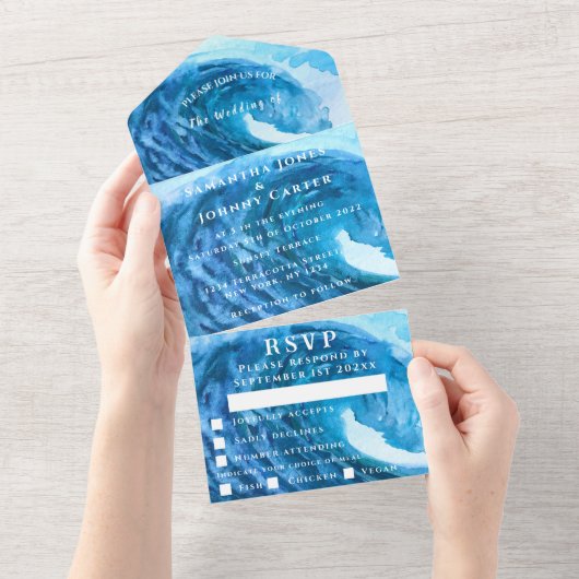 Strandfarbe Tropische Destination Ozeanwelle All In One Einladung (Abreißen)