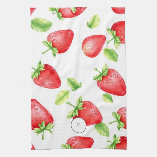 Strandfarbene Erdbeeren im Sommer mit Monogramm Geschirrtuch (Vertikal)