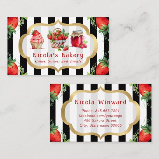 Strandfarbene Erdbeeren Kuchen und Marmelade Visitenkarte (Vorne/Hinten)