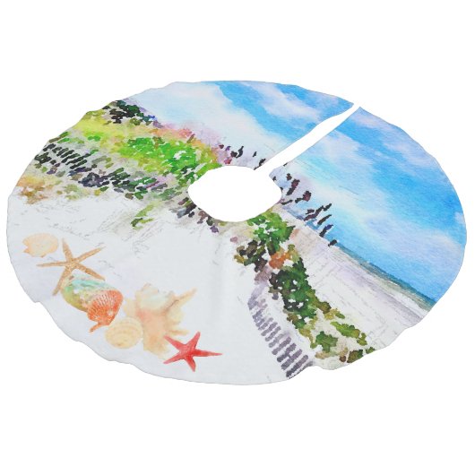 Strandfarbener Ozean und Muscheln Leinenimitat Weihnachtsbaumdecke (Schrägansicht)