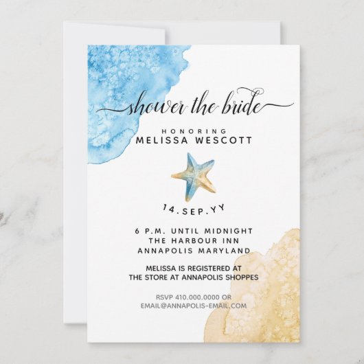 Strandfarbenes Starfish Brautparty Einladung (Vorderseite)