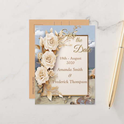 Strandfeste mit weißen Blume und Perlen Ankündigungspostkarte (Vorderseite/Rückseite Beispiel)