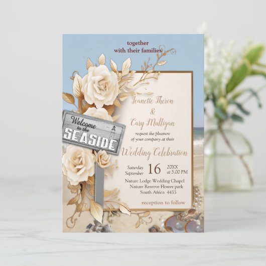 Strandfeste mit weißen Blume und Perlen Einladung (Stehend Vorderseite)