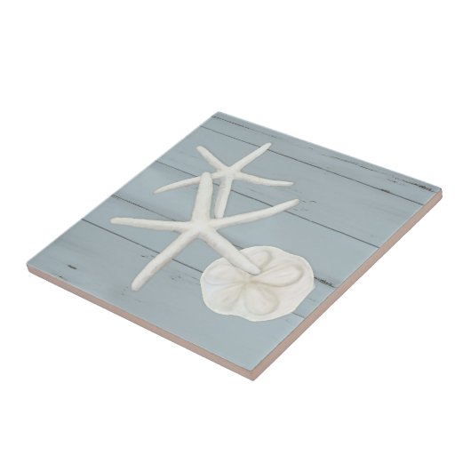 Strandfisch Sanddollar Muscheln Dusty Blue Wood Fliese (Seite)