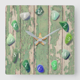 Strandglasküstendekor Driftwood Green Gray Quadratische Wanduhr