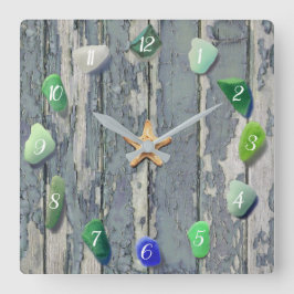 Strandglass Küstendekoration Driftwood Blue Green Quadratische Wanduhr