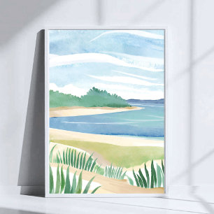 Strandgrasbucht   Aquarell-Ozean-Küstenmeer-Kunst Poster