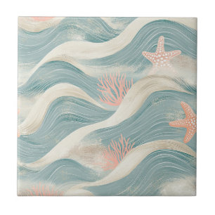 Strandhaus Blau Wellen Sand Seestern Muster Fliese