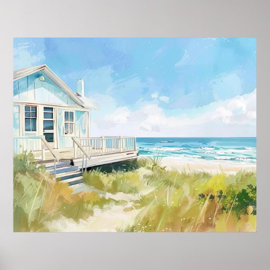 Strandhaus im Aquarellstil in hellen Farben Poster (Vorne)