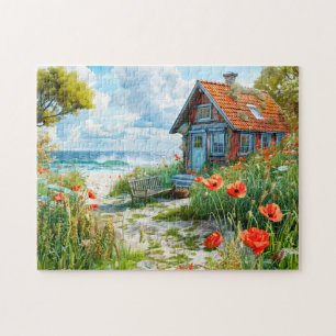 Strandhaus mit Dünen und Mohnblumen Puzzle